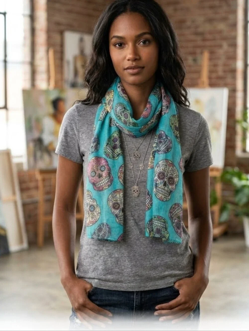 Chic Y2K Skull Print Gauze Scarf Teal & Black